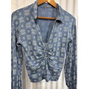 Free People Size M Women's Sydney Chambray Combo Bishop Sleeve Top